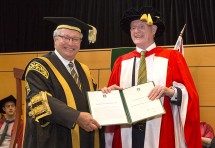 Professor Ron McCallum with  The Hon Michael Egan AO, Chancellor of Macquarie University. Credit: Chris Stacey