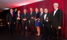 2014 Research Award winners with Vice-Chancellor Professor S. Bruce Dowton (far left) and Deputy Vice-Chancellor, Research, Professor Sakkie Pretorious, (far right).