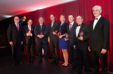 2014 Research Award winners with Vice-Chancellor Professor S. Bruce Dowton (far left) and Deputy Vice-Chancellor, Research, Professor Sakkie Pretorious, (far right).