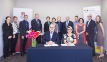 Representatives of the Australian Hearing Hub, Macquarie University and the Sydney Children's Hospitals Network sign a new memorandum of understanding. Credit: Ronny Ibrahim