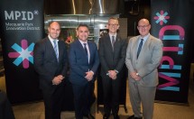 Macquarie Park Innovation District partners (left to right): John Paitaridis, Managing Director, Optus Business; The Hon John Barilaro MP, NSW Minister for Small Business; Professor David Wilkinson, Deputy Vice-Chancellor (Corporate Engagement and Advancement), Macquarie University; and Gavin Fox-Smith, Managing Director, Johnson and Johnson Australia. Credit: Chris Stacey