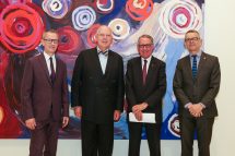Dr Michael Brand, Director, Art Gallery of NSW, Macquarie University Vice-Chancellor Professor S. Bruce Dowton, Mr David Gonski AC, President, Art Gallery of NSW Board of Trustees and Professor David Wilkinson, Macquarie University Deputy Vice Chancellor Corporate Engagement and Advancement with
Wynne Prize 2017 finalist: Barbara Mbitjana Moore, Ngayuku ngura – kapi tjukurla (rock holes near my country, Ti Tree – Anmatyerre country), © the artist Photo Credit: cristiana-encapture