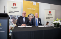 Macquarie’s Vice-Chancellor Professor S. Bruce Dowton (left) and Cochlear’s President Dig Howitt (right). Image credit: Jo Stephan, Macquarie University