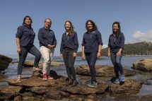 Living Seawalls team L-R: Dr Aria Lee (Research Assistant), Associate Professor Melanie Bishop (Co-Leader), Dr Katherine Dafforn (Co-Leader), Dr Mariana Mayer Pinto (Co-Leader) & Dr Maria Vozzo (Project manager).