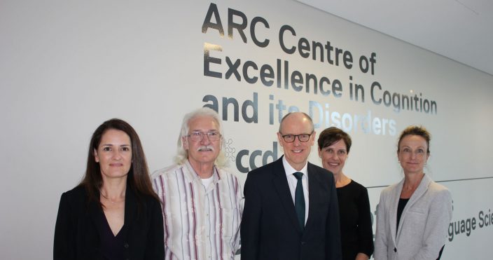Pictured (from left to right): Dr Jennifer Buckingham, Distinguished Professor Stephen Crain, British MP Nick Gibb, Distinguished Professor Anne Castles and Professor Genevieve McArthur.