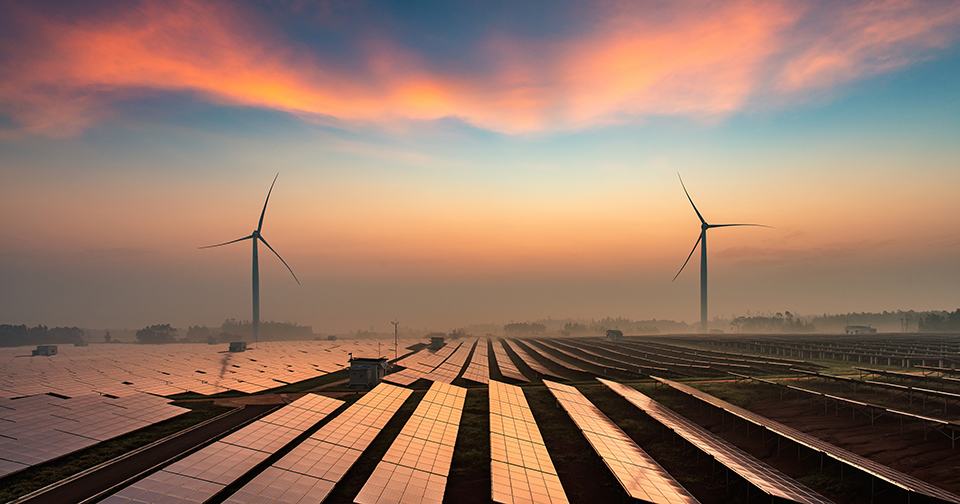 Solar power plants in the dusk of the evening