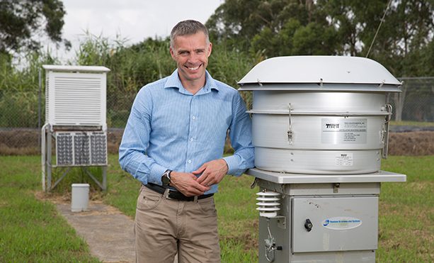 Professor Mark Taylor with air pollution monitoring equipment.