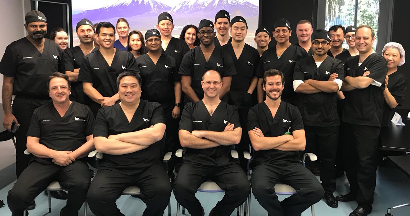 MQ Health experts (front row, from left to right) Dr Kevin Seex, Dr Brian Hsu, Dr Davor Saravanja and Dimitri Godefroy, Education Director OUS, with participants in the Macquarie Spine Advanced Surgical Skills course.
