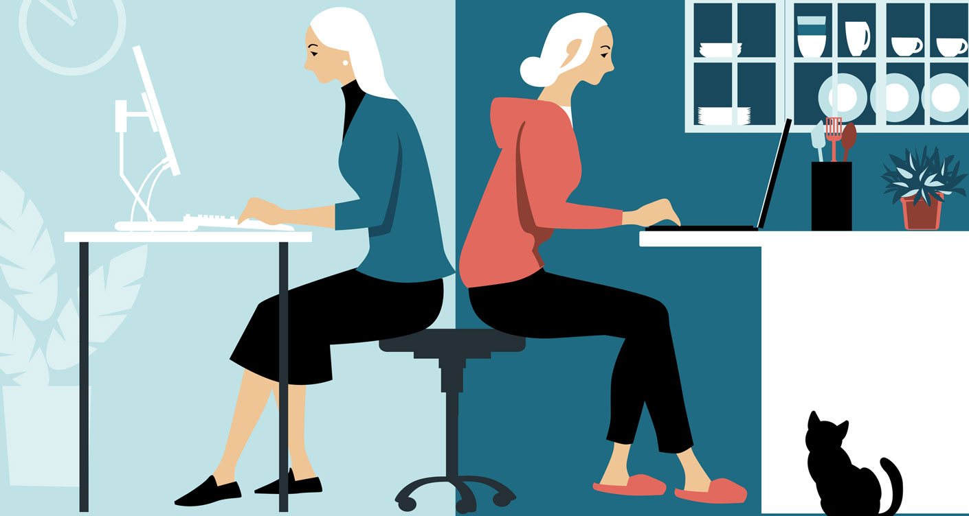 graphic of woman working at home on left and in office on right